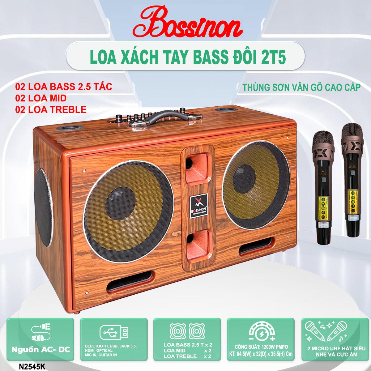 Loa karaoke xách tay bass 2T5 đôi BOSSINON N2563K- Hàng Chính Hãng, công suất siêu khủng lên đến 1200W, siêu đẹp