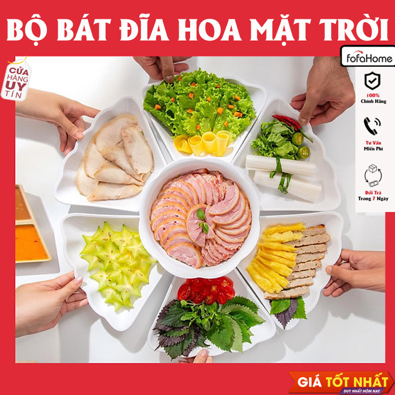 Bộ Bát Đĩa Hoa Mặt Trời Trắng Trơn Bày Mâm Cỗ Bằng Nhựa 7 Chi Tiết Cao Cấp