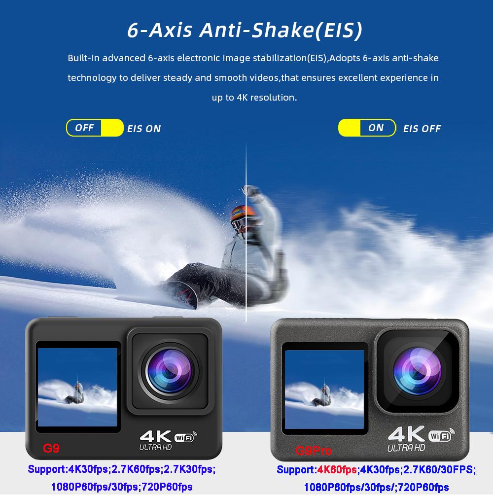 G9pro Camera Hành Động 4K 60FPS 24MP EIS 2.0 Màn Hình LCD Cảm Ứng Kép WiFi Điều Khiển Từ Xa Chống Nước Zoom 4X Đi Camera Thể Thao Pro