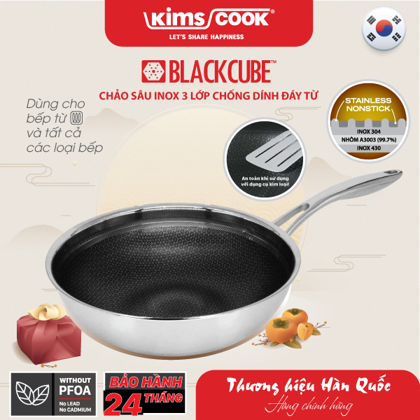 Chảo sâu KIMS COOK Blackcube inox 3 lớp đáy từ chống dính 