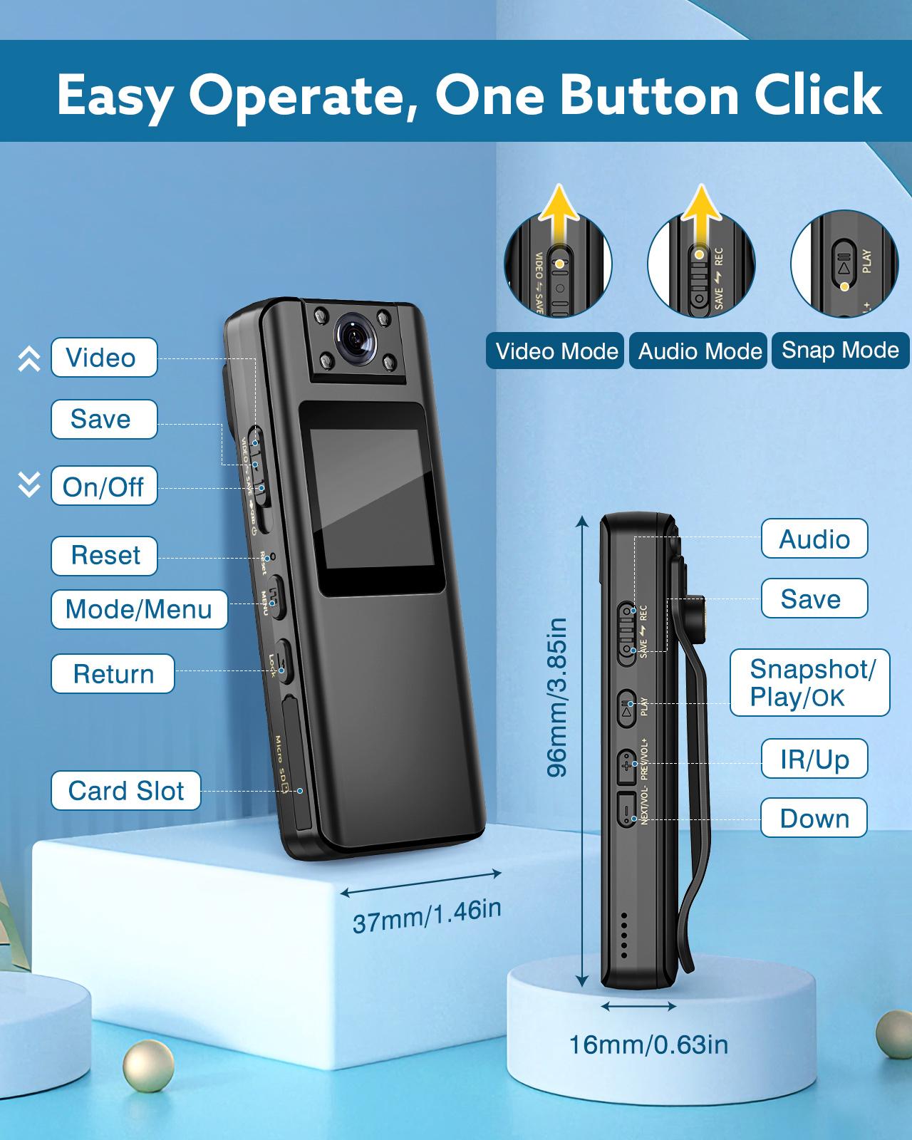 Máy ảnh mini nhìn đêm hồng ngoại Boblov A22 1080P HD với màn hình LED Máy quay phim nhỏ 180 ° Angel Bodycam Police Cam Xe đạp Camera Màu sắc: A22