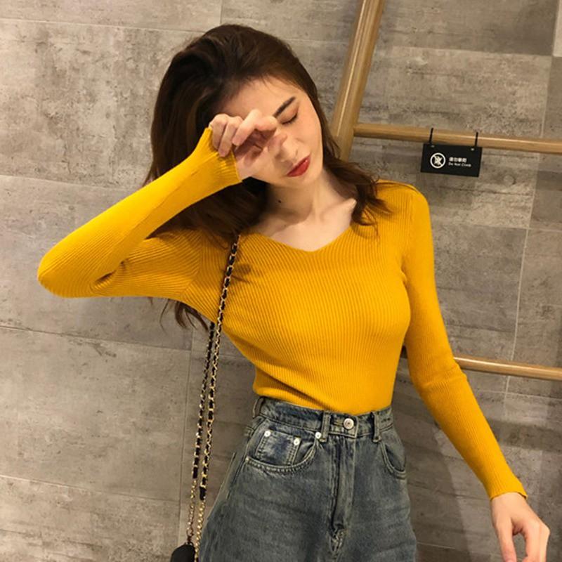 Áo sweater nữ tay dài cổ chữ V màu trơn