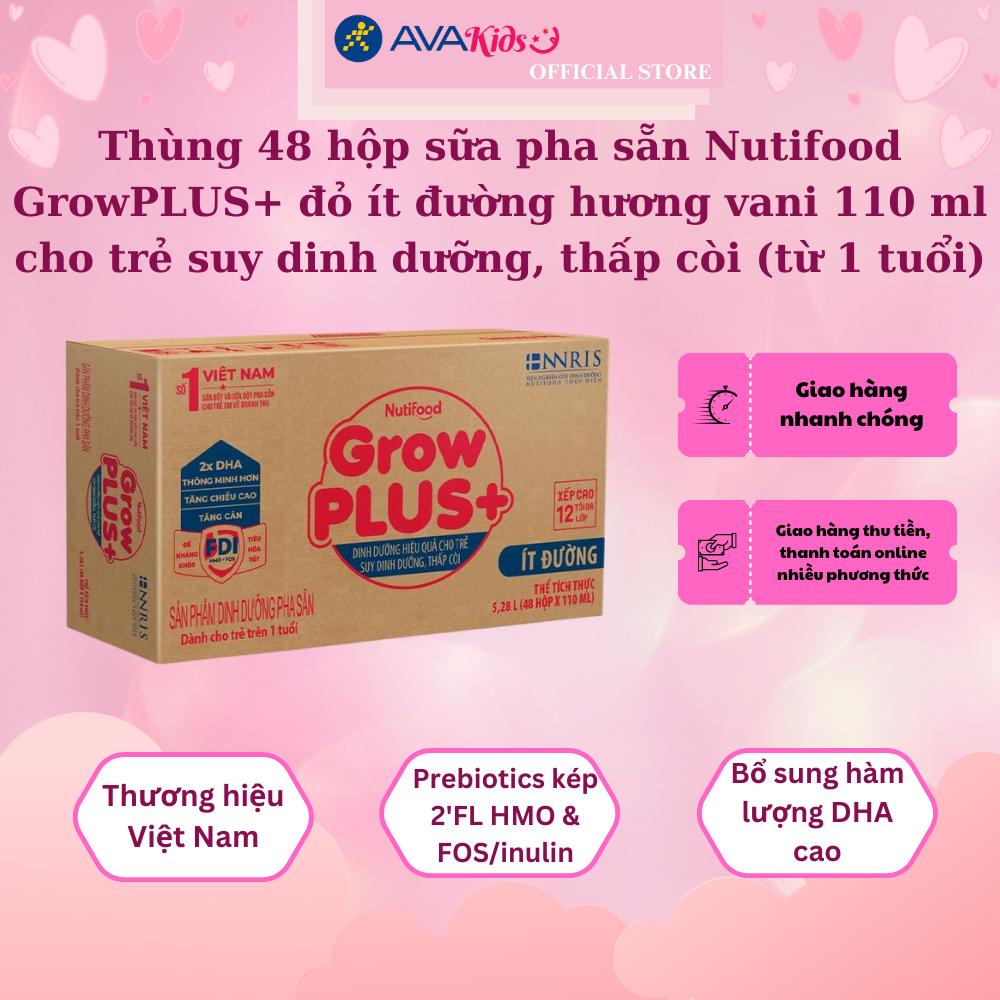 Thùng 48 hộp sữa pha sẵn Nutifood GrowPLUS+ đỏ ít đường hương vani 110 ml cho trẻ suy dinh dưỡng, thấp còi (từ 1 tuổi)