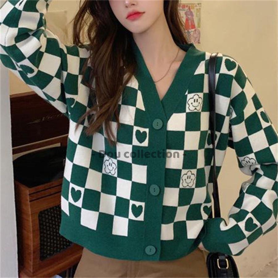 Áo Khoác Cardigan Form Rộng Cổ V Họa Tiết Caro, Áo Khoác Len Dệt Kim Thời Trang Thu Đông - Dou Collection - Mã TA035