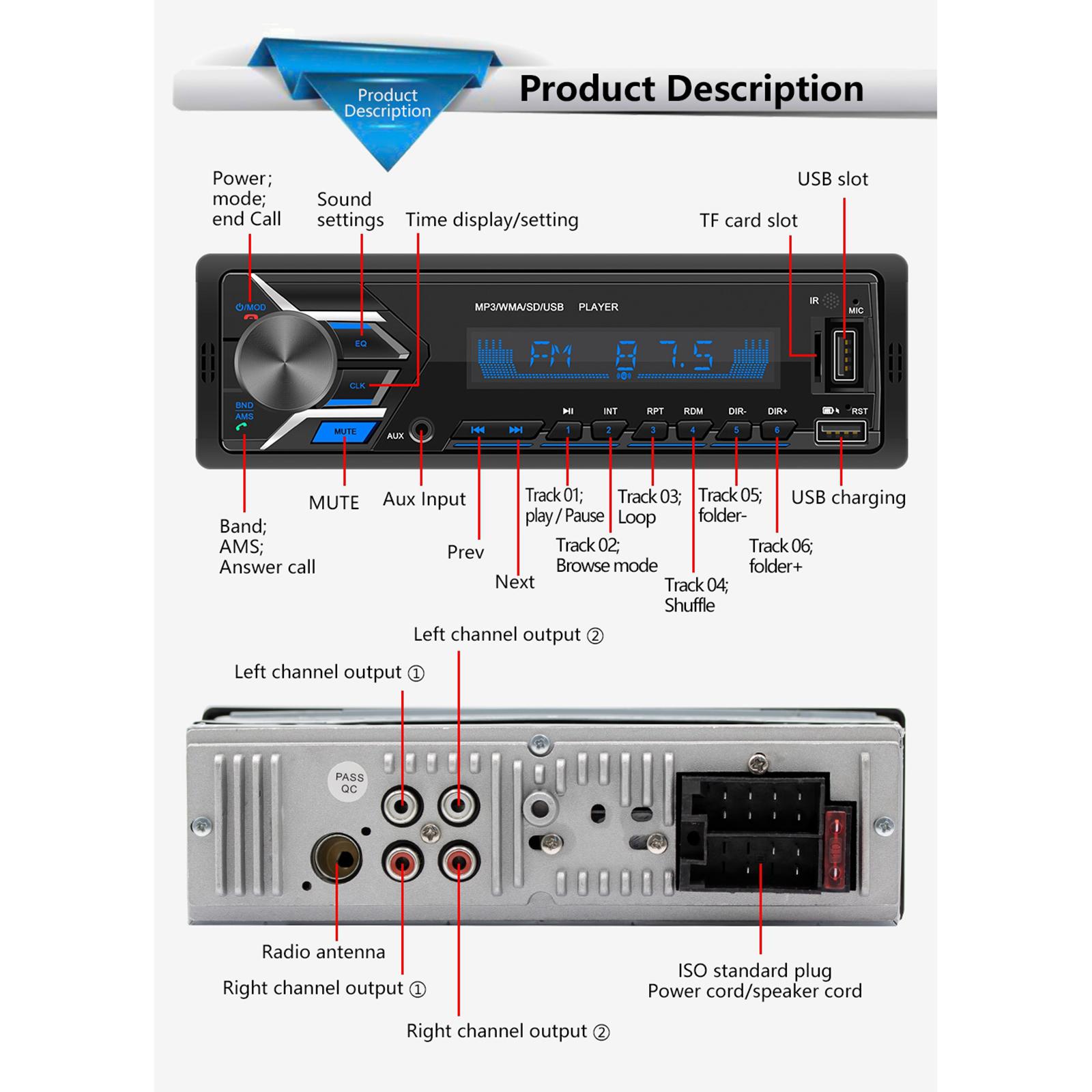 12V Audio Bluetooth Car Stereo Media Receiver Support CD AM/FM AUX Input