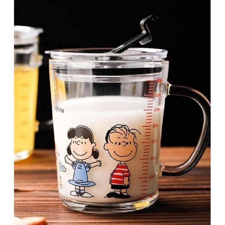 Bộ 2 Cốc thủy tinh chia vạch uống sữa cho bé cao cấp và kèm ống hút silicon nắp đậy loại 350ml