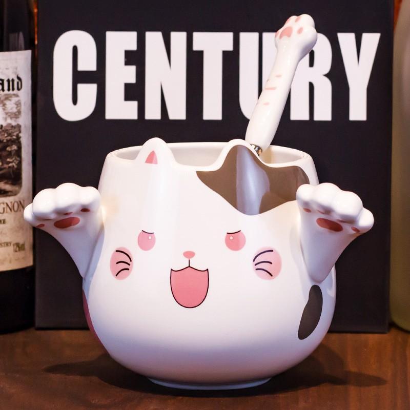Cốc Sứ Cafe Mèo 3D Có Bàn Tay Cho Bạn Gái Dễ Thương Kèm Thìa, Ly Sứ Cỡ To Tặng Quà Sinh Nhật