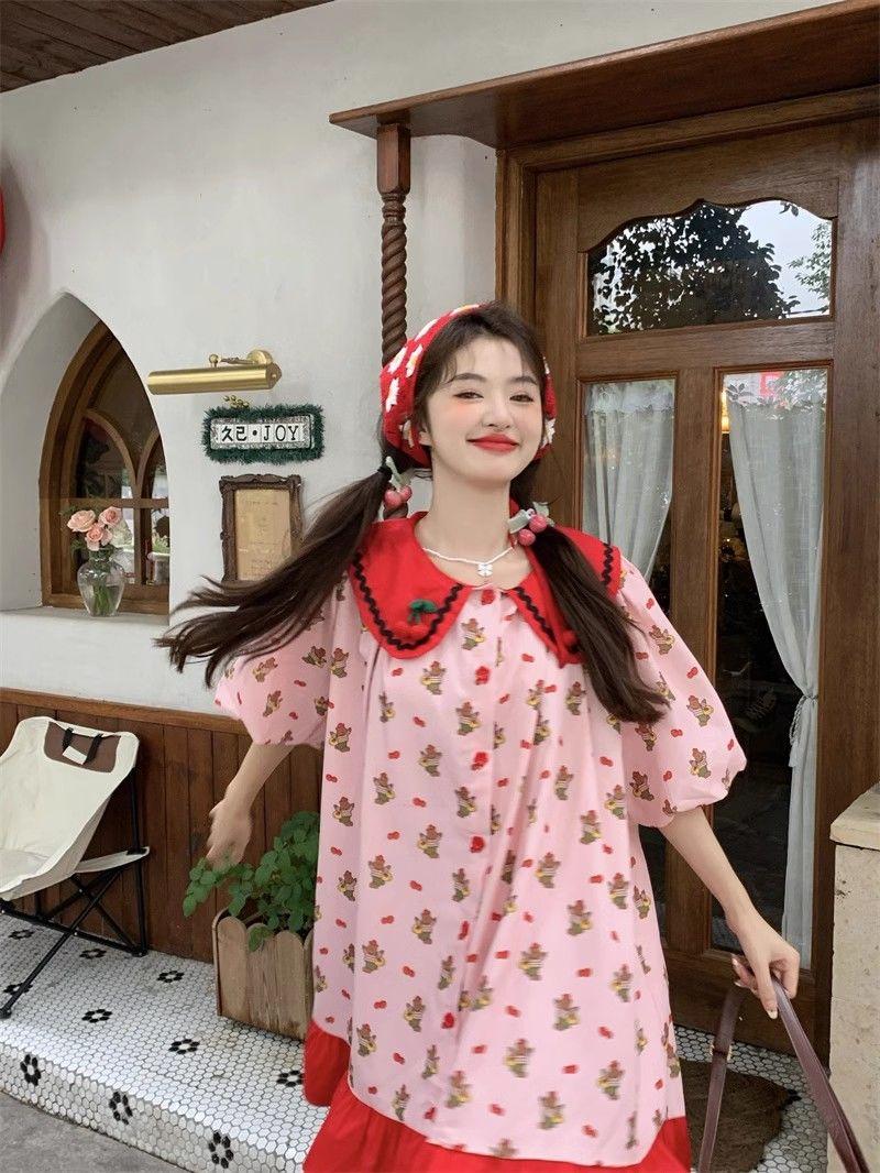 CHENGRUI Phim hoạt hình gấu con in anh đào va chạm màu nối mùa hè phiên bản Hàn Quốc lỏng lẻo giảm tuổi búp bê ngắn tay áo đầm cho phụ nữ