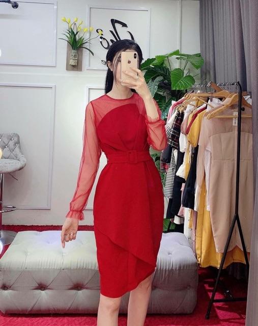 Đầm dự tiệc xếp ngực thắt eo tay lưới kèm ảnh thật TKN