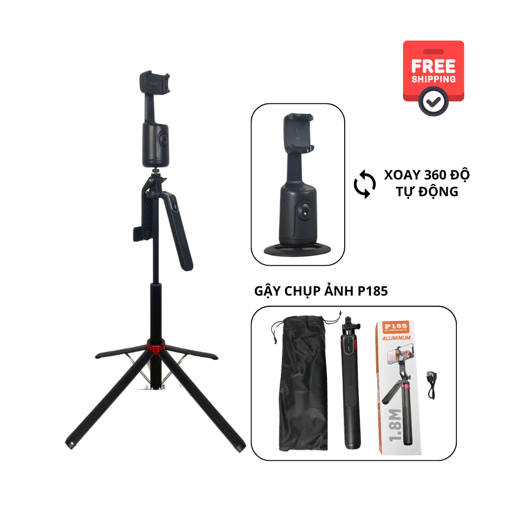 Combo Gậy P185 và Gimbal P01 xoay 360 độ hỗ trợ quay video, chụp ảnh tiện lợi có điều khiển từ xa - Hàng chính hãng