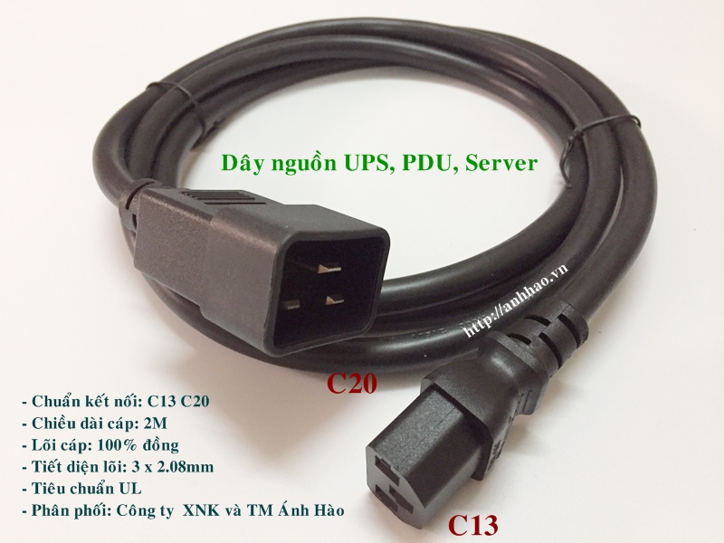 Dây nguồn UPS, PDU, Server chuẩn C13 C20, lõi đồng nguyên chất, tiết diện lõi 3G x 2.08mm, tiêu chuẩn UL