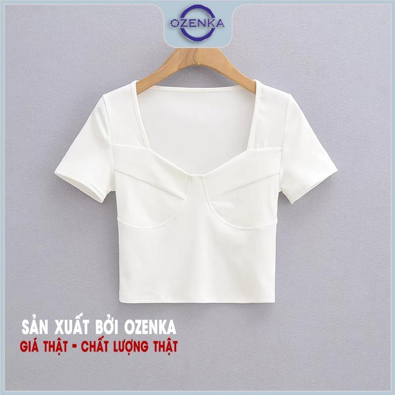 Áo croptop nữ ôm body cổ vuông tay ngắn Ozenka , áo crt kiểu thun cotton màu đen trắng dưới 55 kg mặc đi chơi