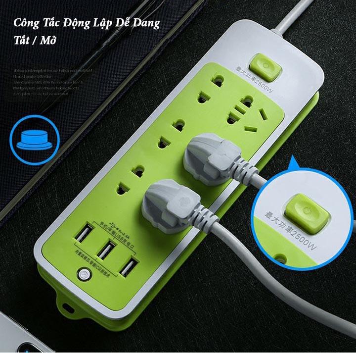 Ổ Cắm Điện Đa Năng Chống Giật 6 Ổ Cắm, 3 Cổng Usb-Xanh Lá - Loại Tốt