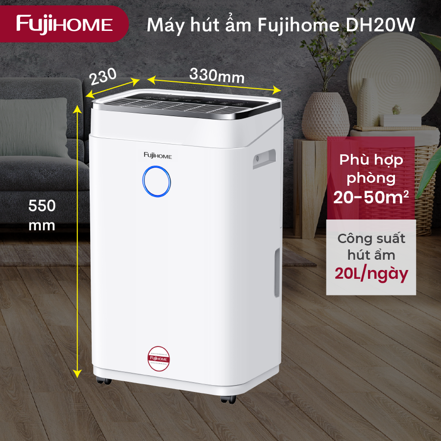 Máy hút ẩm lọc không khí 40M2-50M2 nhập khẩu FUJIHOME DH20W, 20 lít/ngày kết nối wifi điều khiển qua APP, hiển thị độ ẩm - Hàng chính hãng