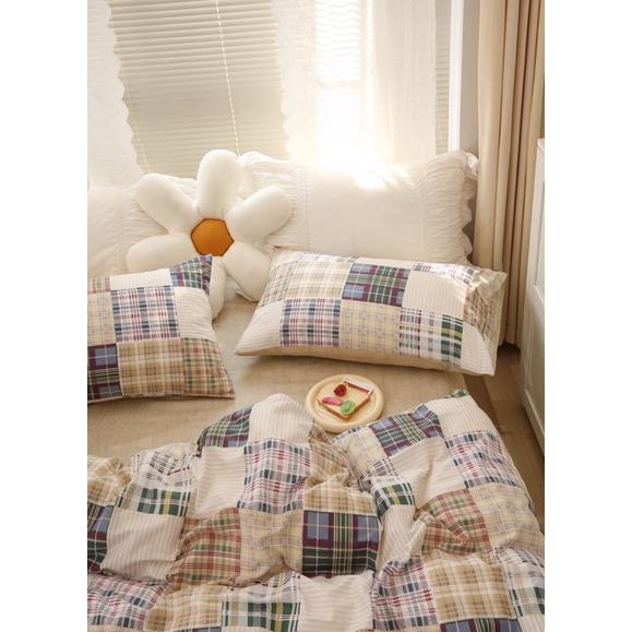 Set Cotton Living 100%cotton Hàng Nhập Khẩu Cao Cấp 4 Món kẻ Nâu Thổ Cẩm