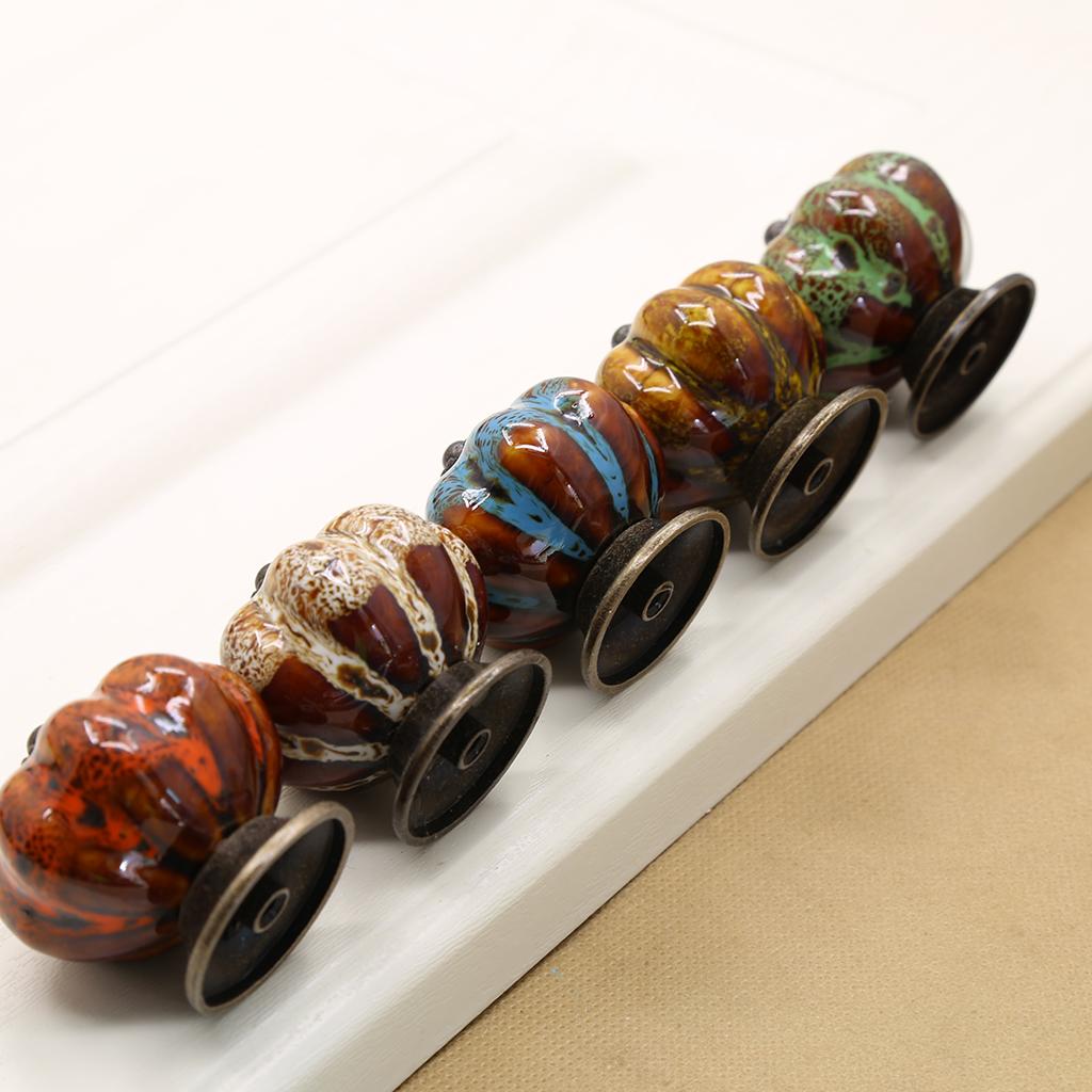 2x Round Pumpkin Shape Ceramic Cabinet Handles Orange