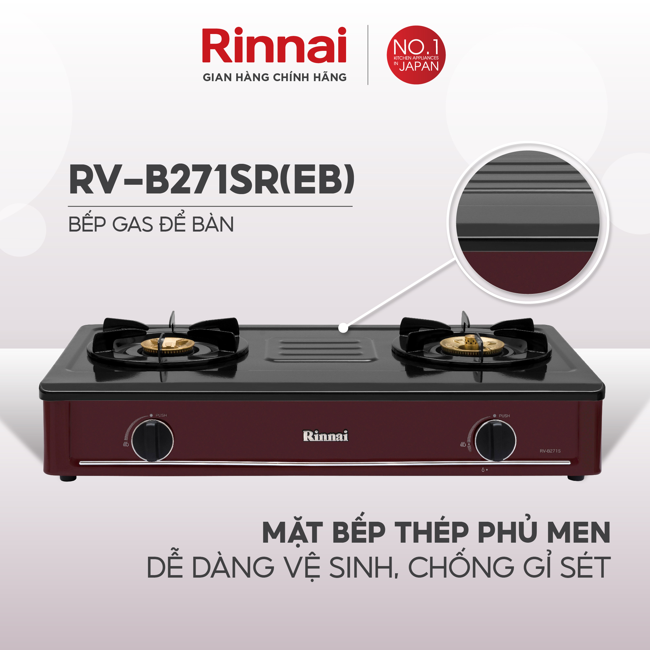 Bếp gas dương Rinnai RV-B271SR(EB) mặt bếp men và kiềng bếp men - Hàng chính hãng.