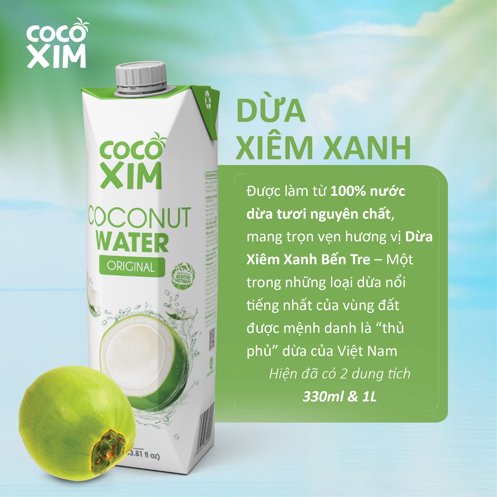 Thùng 12 Hộp Nước dừa đóng hộp Cocoxim Xanh dung tích 1000ml/Hộp