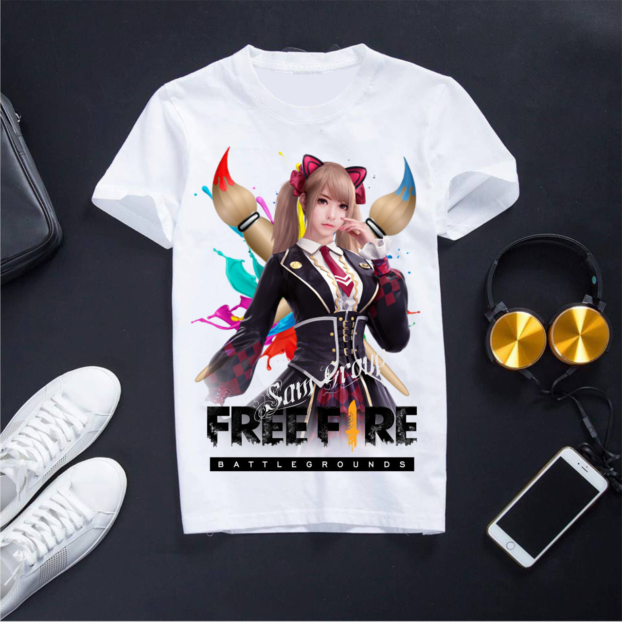 Áo Thun Cotton Cổ Tròn Màu Trắng Free Fire Caroline Hình In Sắc Nét Chất Vải Mềm Mịn Dành Cho Cả Nam Và Nữ