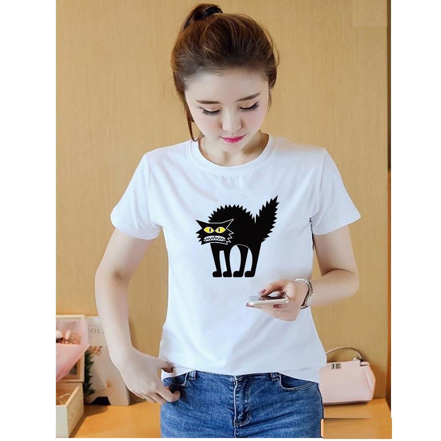 Áo thun nữ form rộng in hình mèo xù lông dễ thương