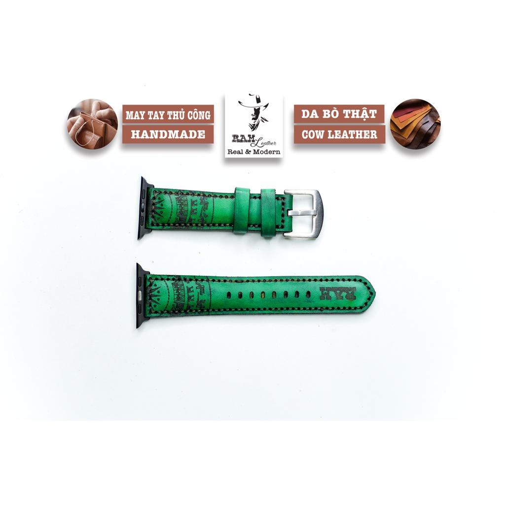 Dây đồng hồ da bò thảo mộc cao cấp xanh ngọc handmade bền chắc - chính hãng RAM Leather