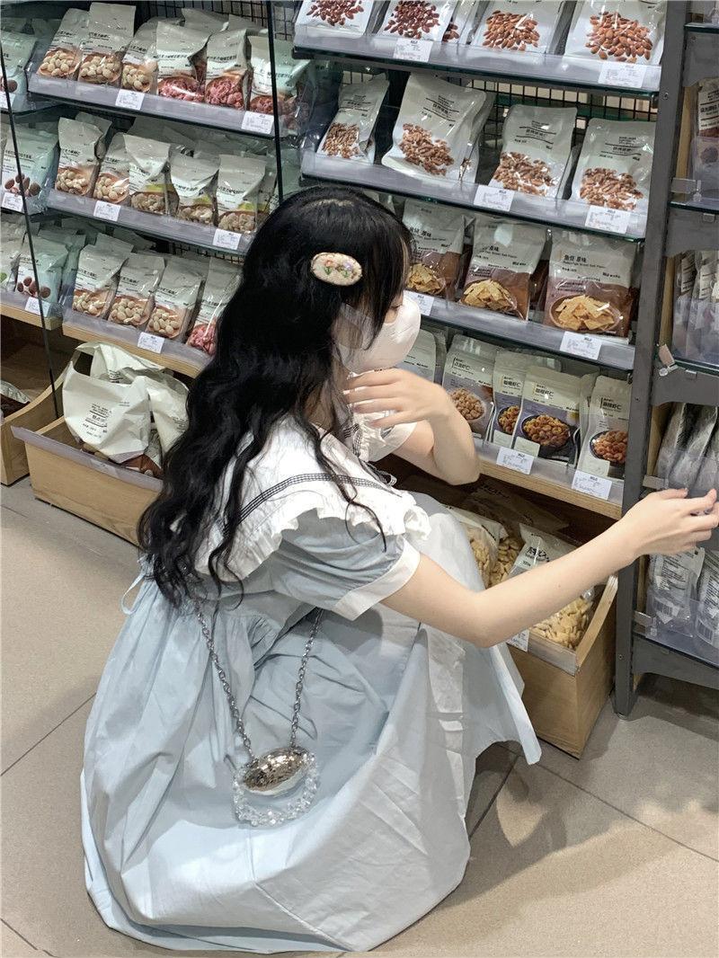 SHUANGYAN Ngày hệ ngọt ngào dễ thương đại học gió búp bê cổ ngắn tay áo đầm mùa hè nhỏ giảm tuổi váy chữ a rộng thùng thình(@5
