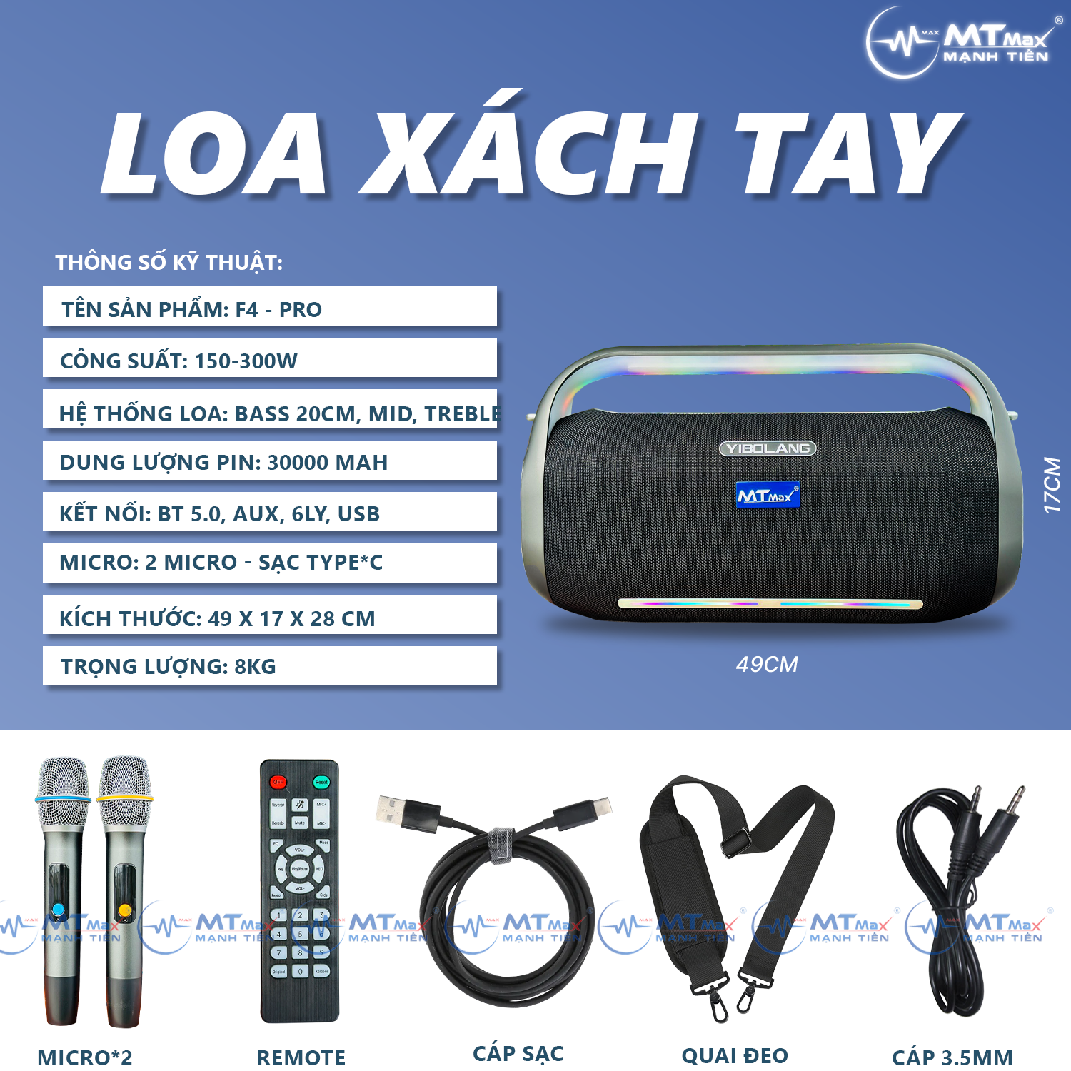 HÀNG CHÍNH HÃNG | Loa Xách Tay YIBOLANG F4 Pro - Công Suất 300W, 1 Bass 20 Trung Treble, Âm Thanh Đánh Cực Khủng, Nghe Siêu Hay, Tặng Kèm 2 Micro Không Dây Và Phụ Kiện Dây Đeo Chéo