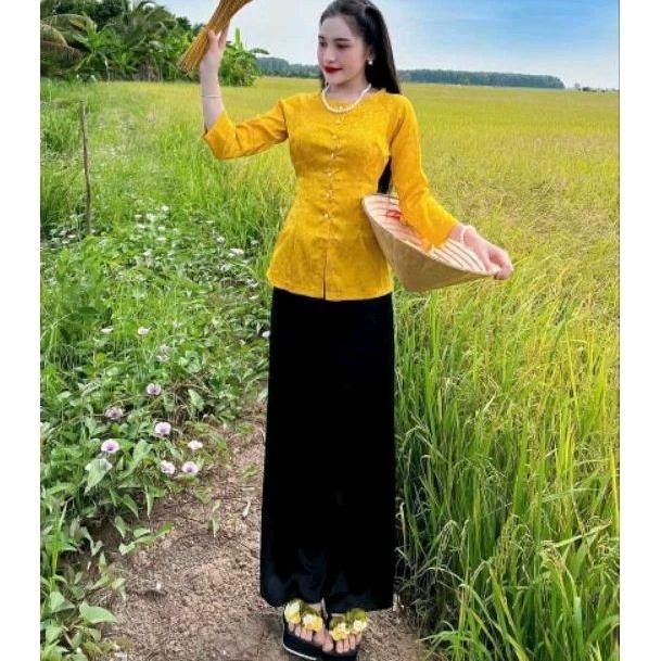 Set bộ bà ba nữ Tết gấm cổ tròn đủ màu đủ size - Xanh dương quần đen