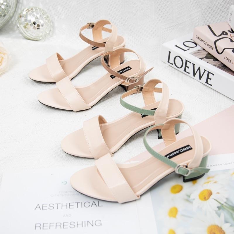 Giày sandal cao gót nữ MWC mũi tròn gót vuông cao 5CM quai ngang mix màu nâu xanh siêu xinh NUCG-3920
