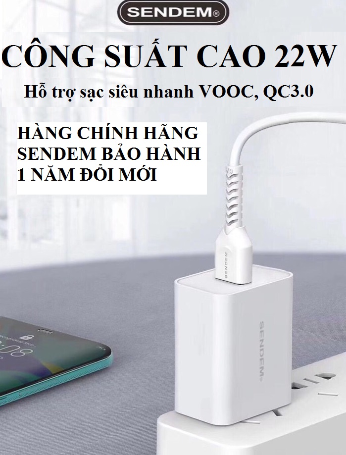 Củ sạc nhanh 22W (5A) SENDEM C13 - Hỗ trợ Qualcom 3.0 và VOOC cho các điện thoại đời cao của Iphone, Samsung, Oppo - Hàng chính hãng