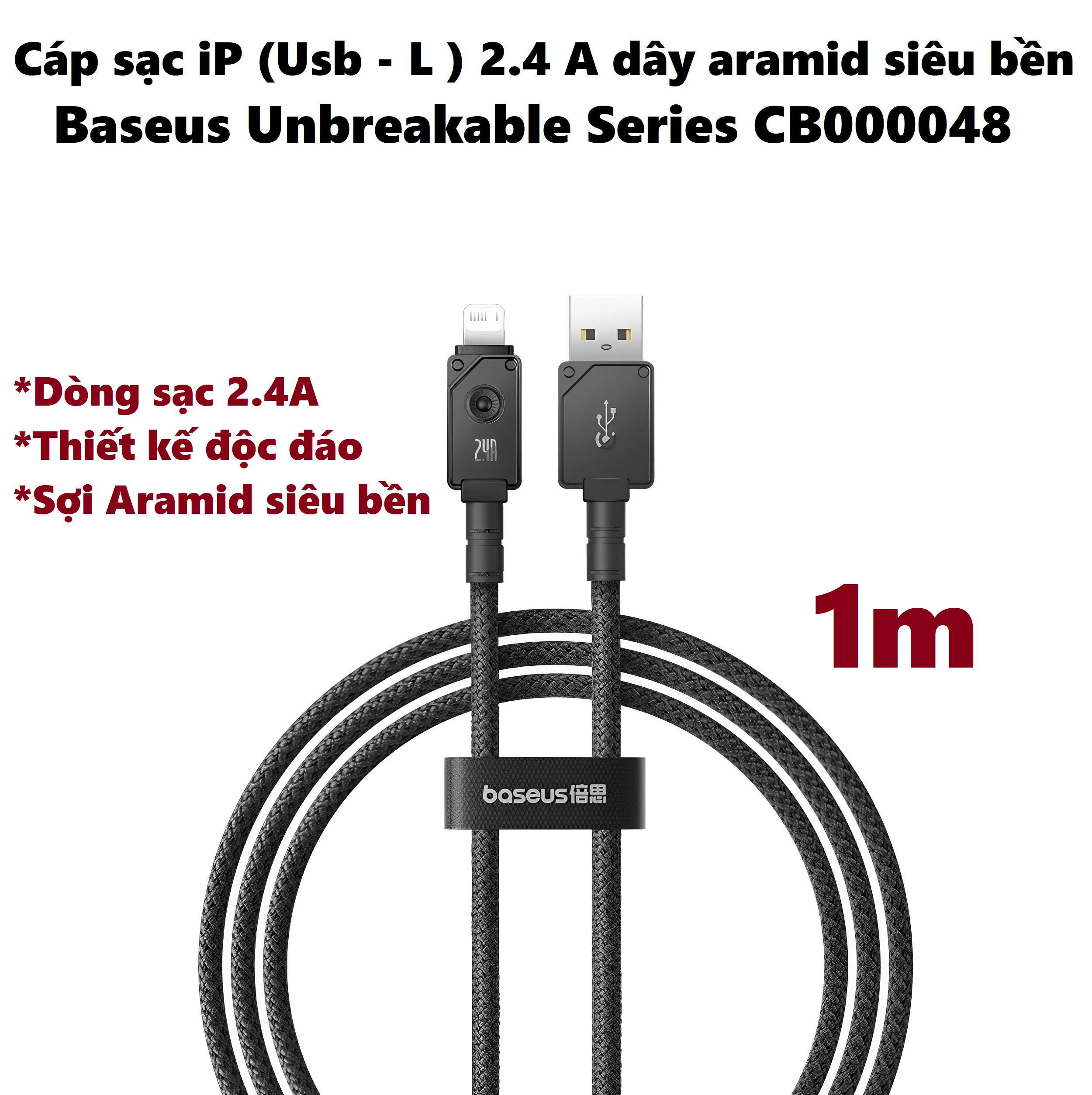 [Usb-iP ] Cáp sạc cho iP dòng sạc 2.4A dây từ sợi aramid siêu bền Baseus Unbreakable series CB000048 _ Hàng chính hãng