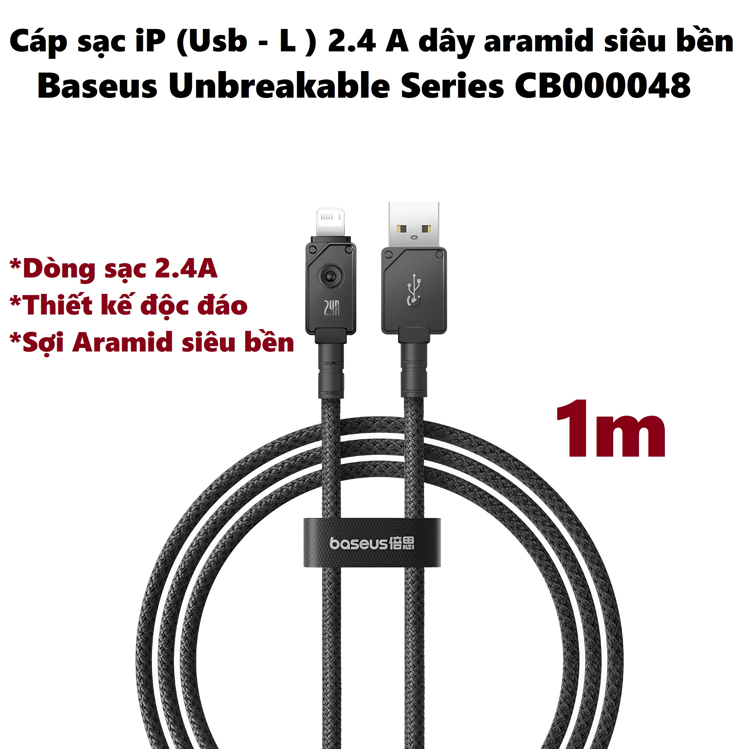 Cáp sạc cho iP dòng sạc 2.4A dây từ sợi aramid siêu bền Baseus Unbreakable series CB000048 _ Hàng chính hãng