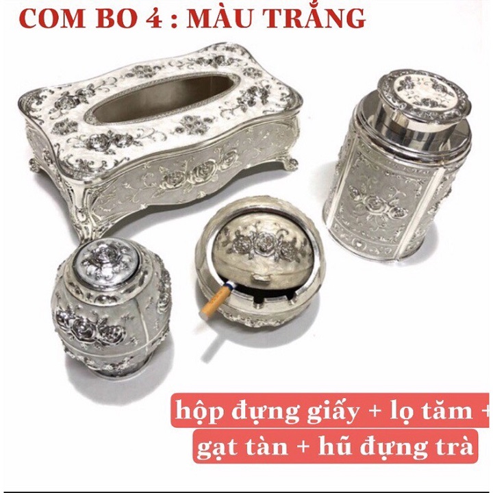 Bộ 4 món Hộp đựng giấy, Hộp đựng chè, Lọ tăm, Gạt tàn hợp kim hoạ tiết tân cổ điển