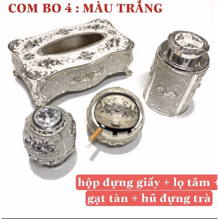 Bộ 4 món  Hộp đựng giấy, Hộp đựng chè, Lọ tăm, Gạt tàn hợp kim hoạ tiết tân cổ điển