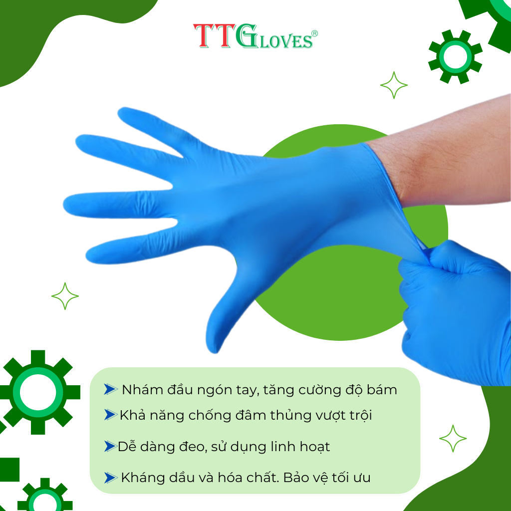 Găng Tay Cao Su Y Tế Size L Không Bột Nitrile TTGLOVES Màu Xanh (100 Chiếc)