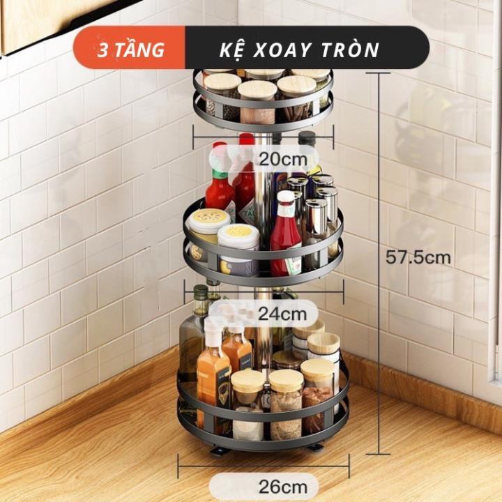 Kệ gia vị đa năng INOX phủ sơn tĩnh điện Đen, kệ xoay vuông tròn 360 độ, Loại Dày Tiết Kiệm Không Gian