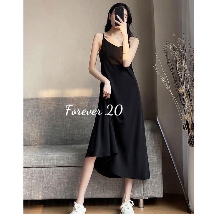 Đầm maxi hai dây cổ tim dáng dài đũi xước hai màu đen be