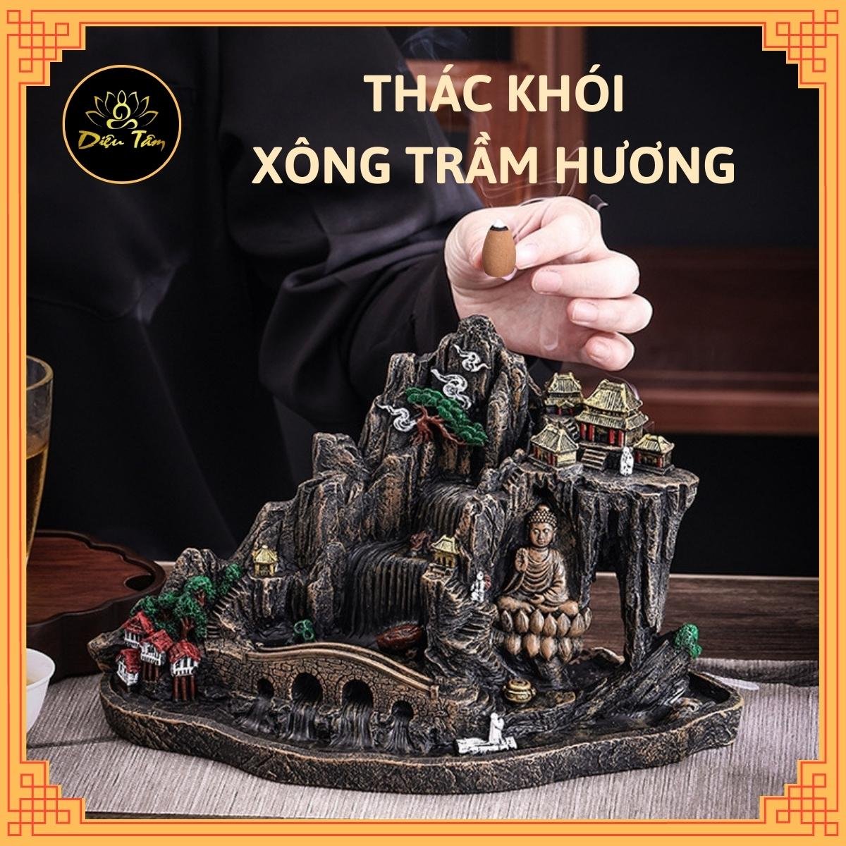 Thác khói trầm hương hình phật size to tặng 1 hộp trầm khói ngược xông trầm, thác khói non bộ tiểu cảnh trang trí
