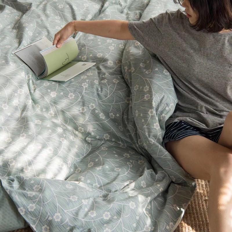 Set Chăn Ga Gối Cotton Living Hàng nhập khẩu Cao Cấp 4 Món Vintage Hoa Nhí Xanh