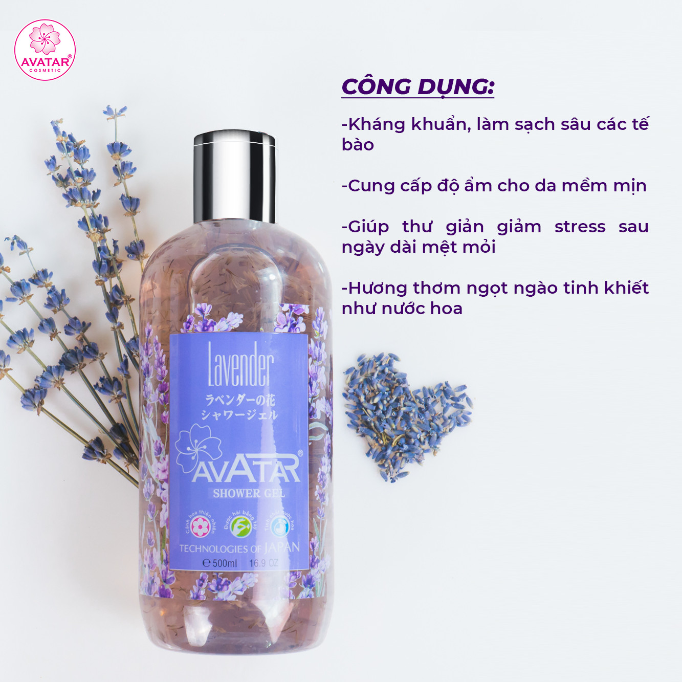 Sữa tắm Nhật Bản Cao cấp AVATAR Lavender 500ml - Cánh hoa thật cùng tinh chất thiên nhiên 100%