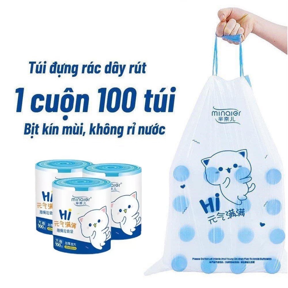 Túi Đựng Rác, Cuộn 100 Túi Có Quai Rút, Tự Huỷ Sinh Học, Kích Thước 45 x 50 cm, Siêu Dai, Chịu Nhiệt. TakyHome 5625