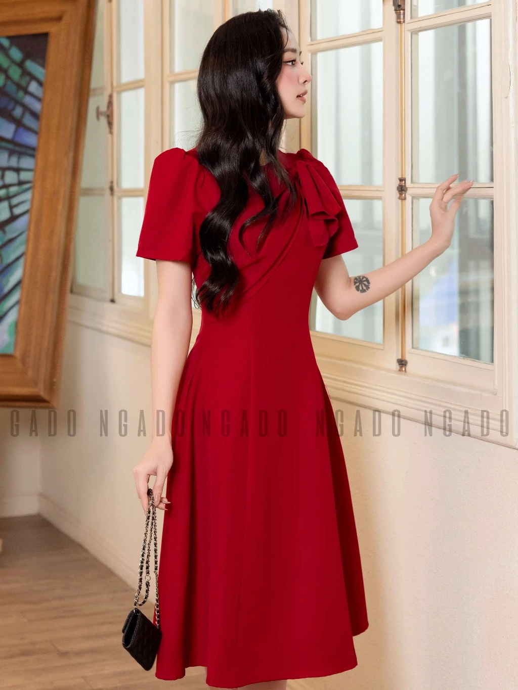 Đầm đỏ xoắn vai NGADO , đầm dự tiệc , đầm công sở