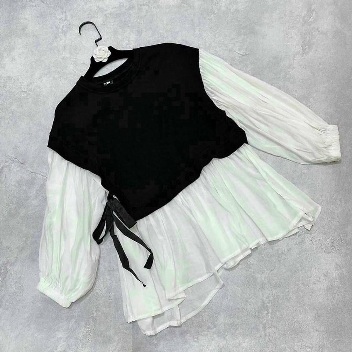 Áo baby doll đen trắng cột nơ eo