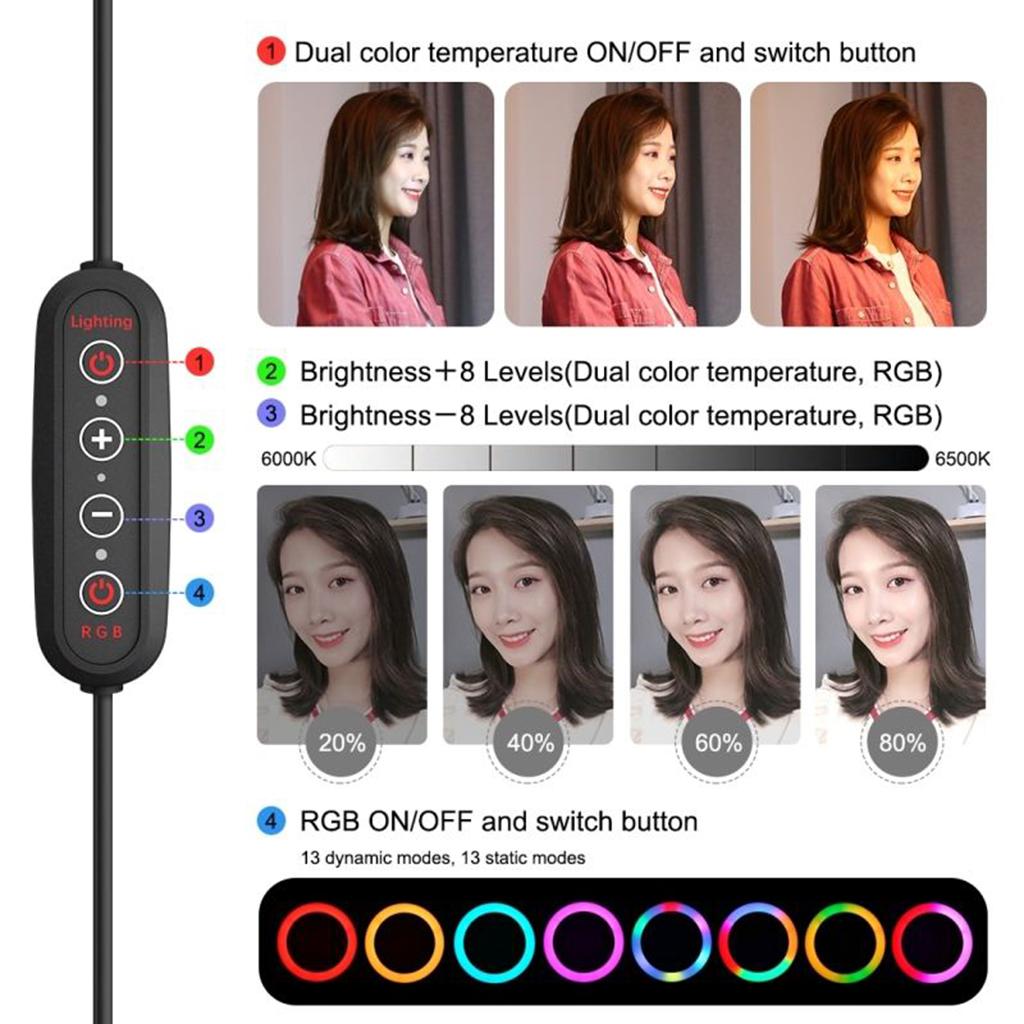 Đèn LED 10.2 inch/ 26cm có thể điều chỉnh độ sáng hỗ trợ quay video ban đêm đi kèm kẹp cố định điện thoại