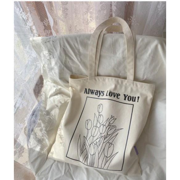 Túi tote vải canvas ALWAY LOVE YOU phong cách Hàn quốc, có khóa miệng ngăn phụ bên trong tiện dụng-Haka store