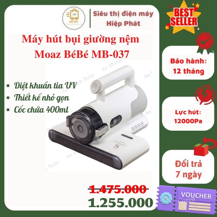Máy hút bụi giường nệm Moaz BéBé MB-037 lực hút 12.000 pascal hút sạch bụi bẩn, tiêu diệt vi khuẩn bằng UV - Hàng chính hãng