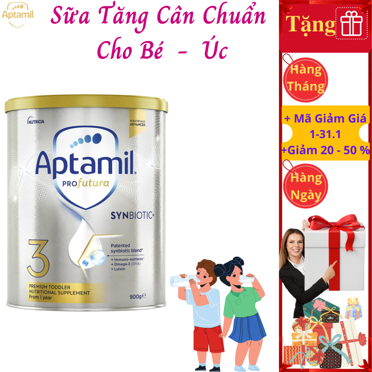 Sữa tăng cân cho bé 1-3 tuổi Aptamil Profutura Synbiotic Úc giàu dưỡng chất giúp bé phát triển chiều cao, cân nặng, trí não, tăng sức đề kháng - Massel Official -900g/lon