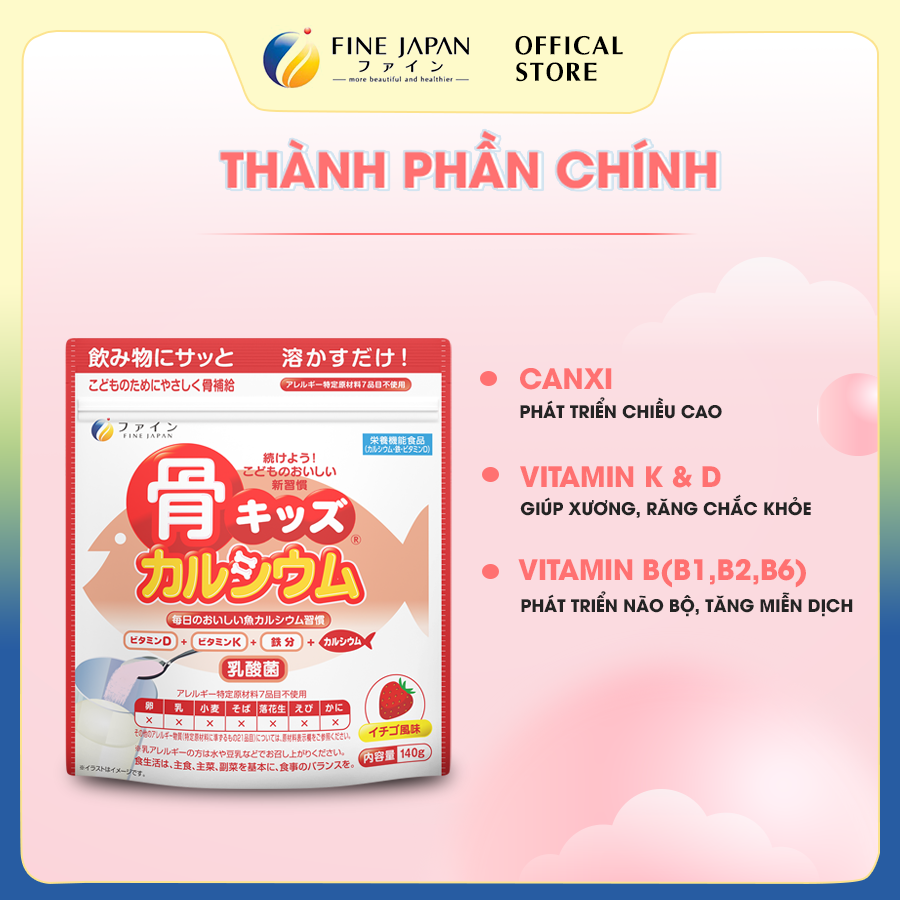 Bột Canxi Cá Tuyết Vị Dâu Fine Bone's Calcium For Kids Gói 140G Bổ Sung Canxi Phát Triển Chiều Cao  5.0  4 Đánh Giá 18 Đã Bán