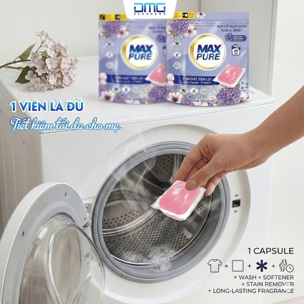 Túi 20 Viên Giặt Tiện Lợi 3 trong 1 Maxpure Hương Hoa Cỏ Ngọt Ngào