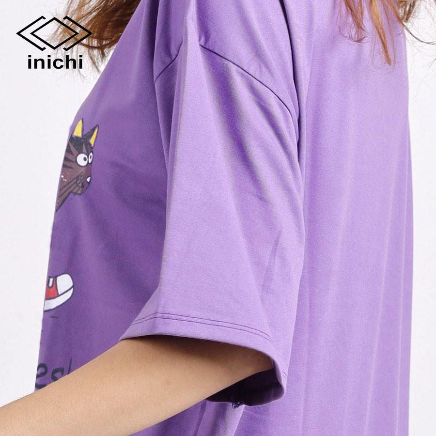 Áo thun INICHI unisex tay lỡ form rộng phong cách, in hình chú mèo ngố mang giày - IC651
